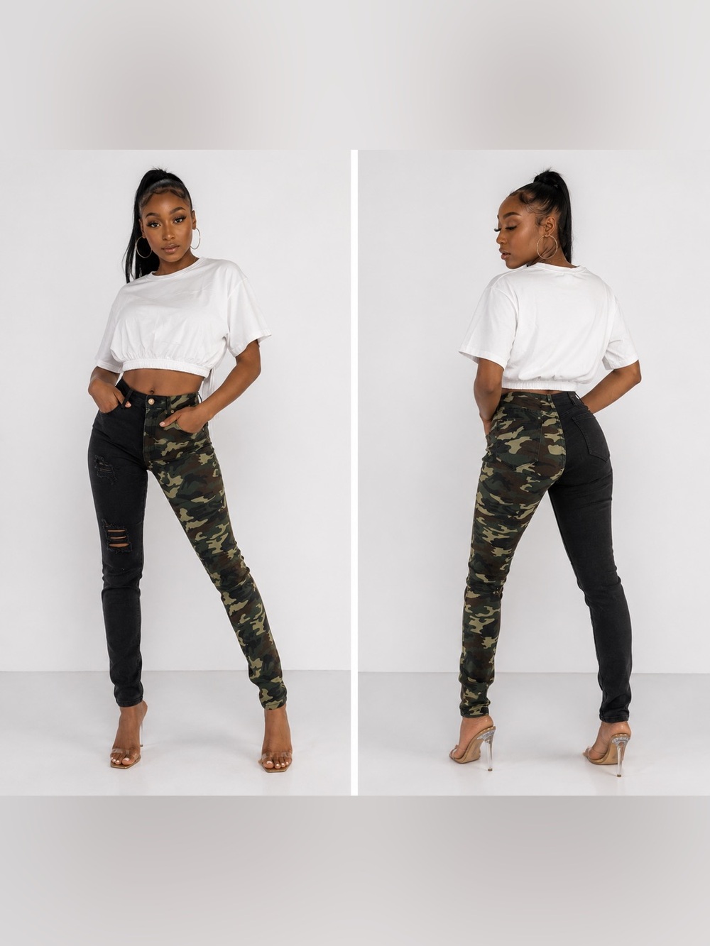 Two-Tone Camo & Black Split Skinny Jeans
